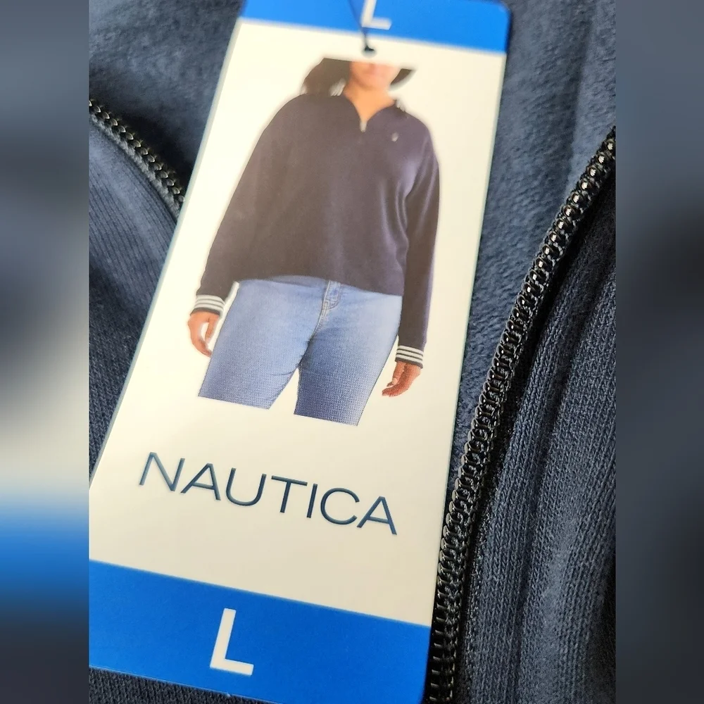 Nautica Women's Quarter Zip Cotton Blend Sweater, Navy Seas Blue,  Size L